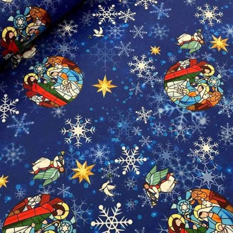 Mantel Sateen Navidad corrido  —  Nacimiento Estrellas