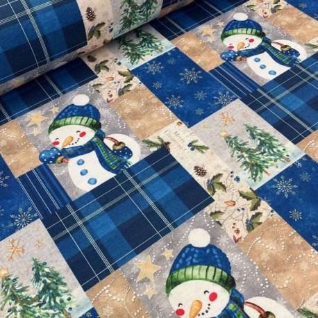 Mantel Sateen Navidad corrido  —  Muñeco de Nieve Patchwork azul