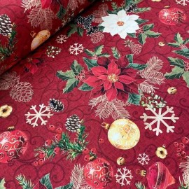 Mantel Sateen Navidad corrido  —  Noche Buena Fondo Lino Rojo